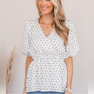 STACCATO White and Black Polka Dot puff sleeve peplum blouse size M